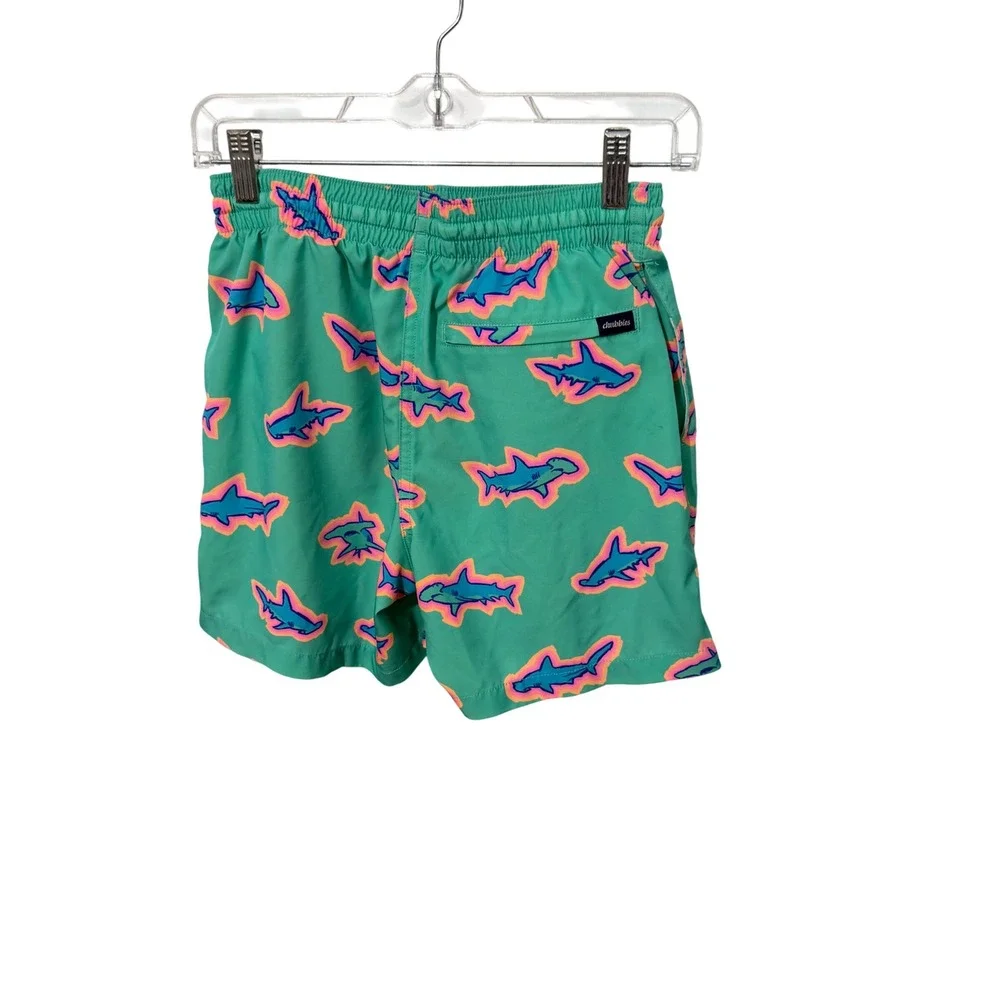 Chubbies Swim Trunks Mens Small Teal Neon Shark Print 5.5 Inseam Board Shorts